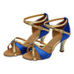 Women’s Latin dance sandals with strappy satin look, blue with gold trim, 2-inch mid heels