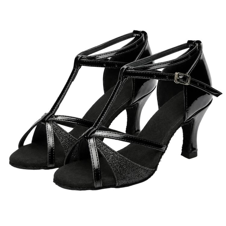 Women’s Latin dance sandals with strappy black satin look, silver trim, 2-inch mid heels
