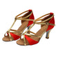Women’s Latin dance sandals with strappy satin look, red with gold trim, 2-inch mid heels