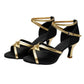 Women’s Latin dance sandals with ankle strap, black with gold trim, 2-inch mid heels