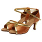 Women’s Latin dance sandals with strappy satin uppers, gold trim, mid heels, buckle closure