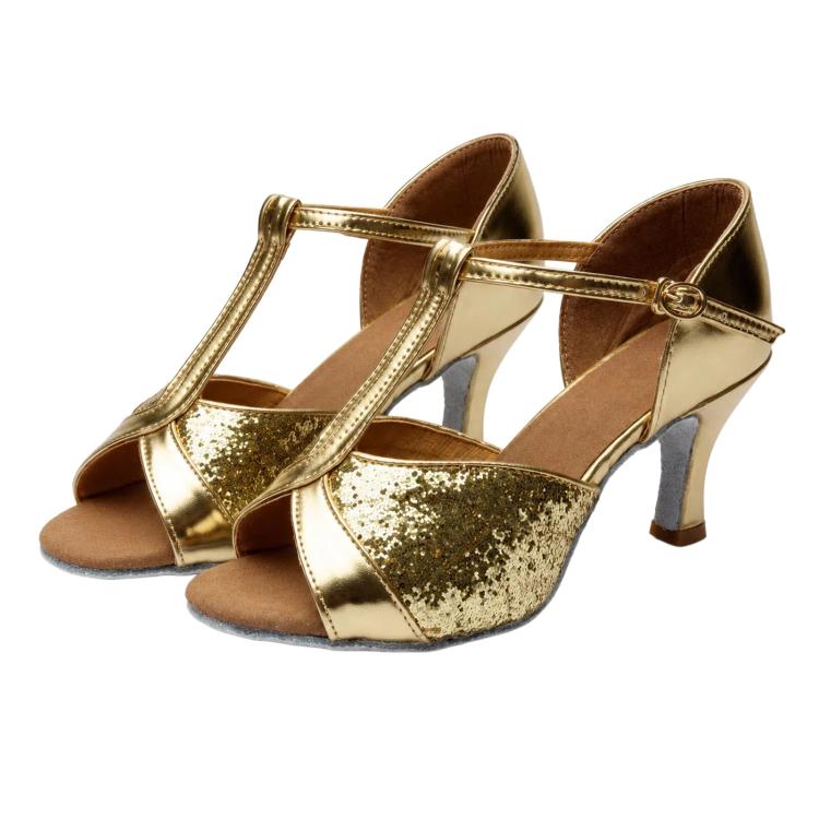 Women’s Latin dance sandals with gold metallic straps, suede lining, mid heels, buckle closure
