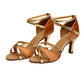 Women’s Latin dance sandals in tan with gold trim straps, suede lining, mid heels, buckle
