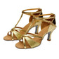 Gold and tan strappy ballroom dance heels with mid heel and ankle buckle closure.