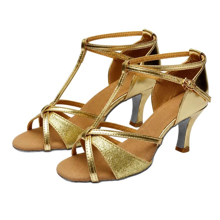 Gold glitter strappy ballroom dance sandals with mid heel and buckle strap closure