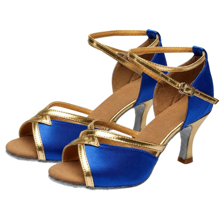 Royal blue strappy ballroom dance sandals with gold trim, mid heel, and buckle closure