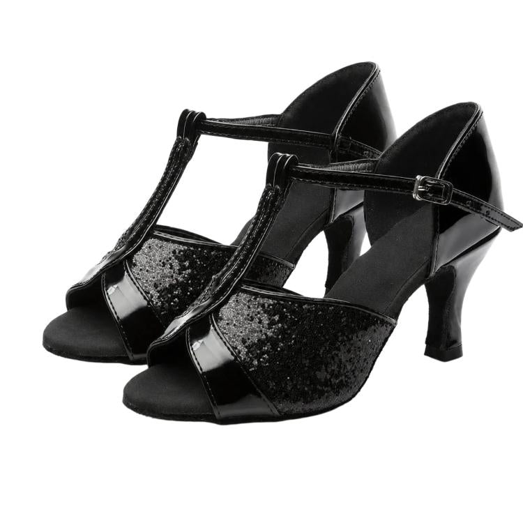 Black strappy ballroom dance sandals with glitter panels and mid heel buckle