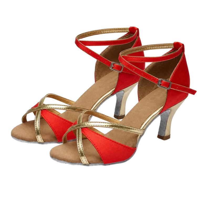 Red and gold strappy ballroom dance sandals with buckle ankle strap and mid heels