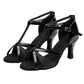 Black strappy ballroom dance sandals with shiny black accents and buckle ankle strap