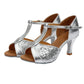 Women’s ballroom dance sandals with silver glitter panels and straps, mid heel