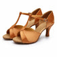 Women’s ballroom dance sandals with tan suede upper, ankle strap, mid heel