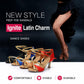 Blue and red strappy Latin dance sandals with gold trim, mid heels, suede soles