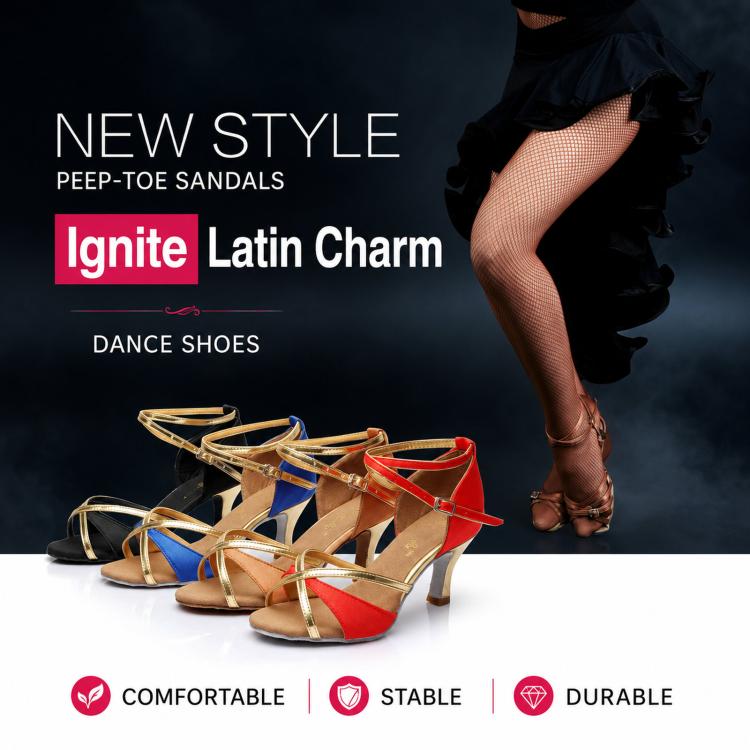 Blue and red strappy Latin dance sandals with gold trim, mid heels, suede soles