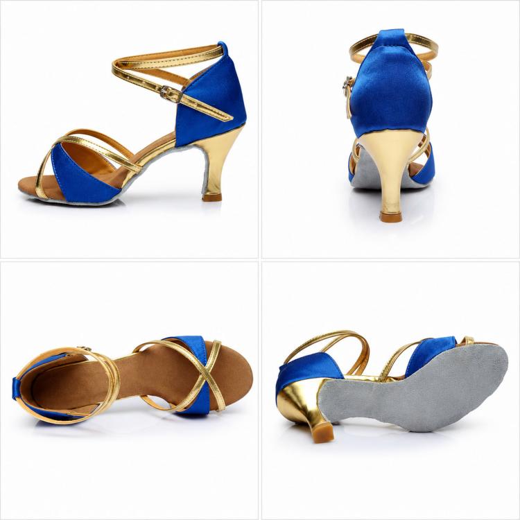 Blue strappy ballroom dance sandals with gold trim, mid heel, suede sole, ankle strap