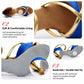 Blue strappy dance sandal with gold edging and suede sole detail, mid heel