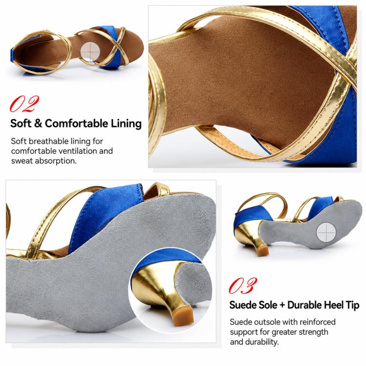 Blue strappy dance sandal with gold edging and suede sole detail, mid heel