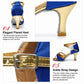 Blue ankle-strap Latin dance sandal with gold heel and suede sole, mid heel
