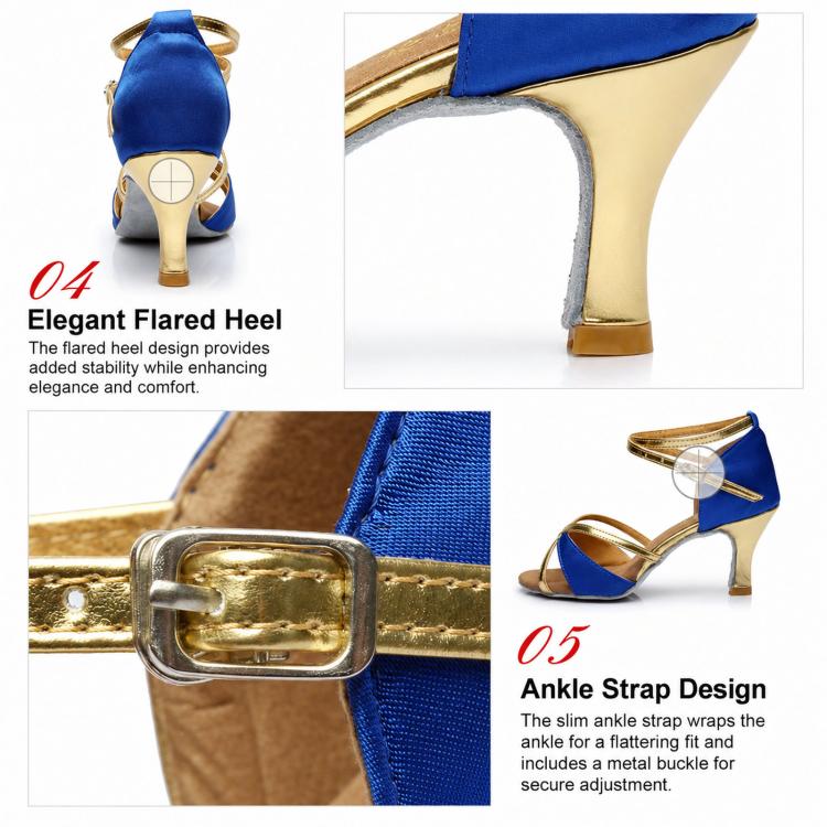 Blue ankle-strap Latin dance sandal with gold heel and suede sole, mid heel