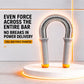 U-shaped spring arm exerciser with grey grips and orange end caps, chrome coil spring