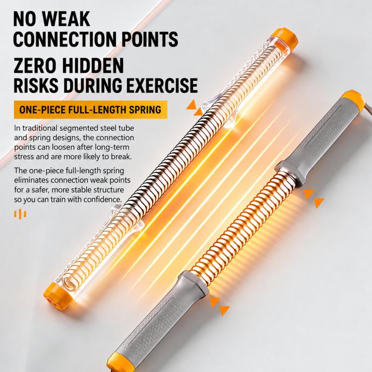 Two-handle spring arm exerciser with grey textured grips, chrome coil spring, orange caps