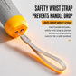 Spring arm exerciser end grip with safety wrist strap, grey handle and orange cap