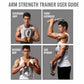 Arm strength trainer with spring arm exerciser in four grip positions, grey handles and coil