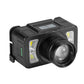 Black LED headlamp with central zoom lens, side LEDs, and top button panel