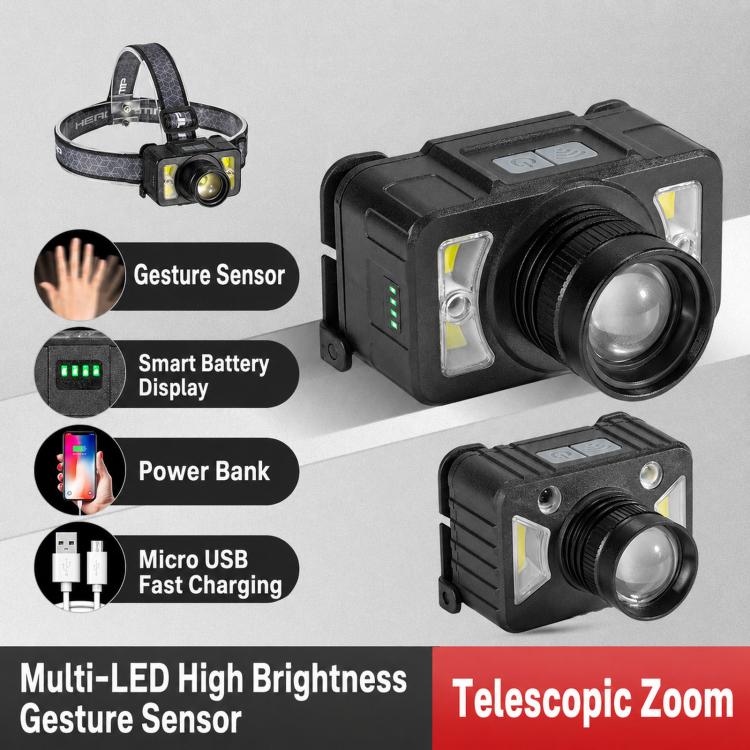 Black LED headlamp worn on forehead with side LEDs and status display