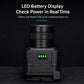 Black LED headlamp with glowing battery level display panel on the front