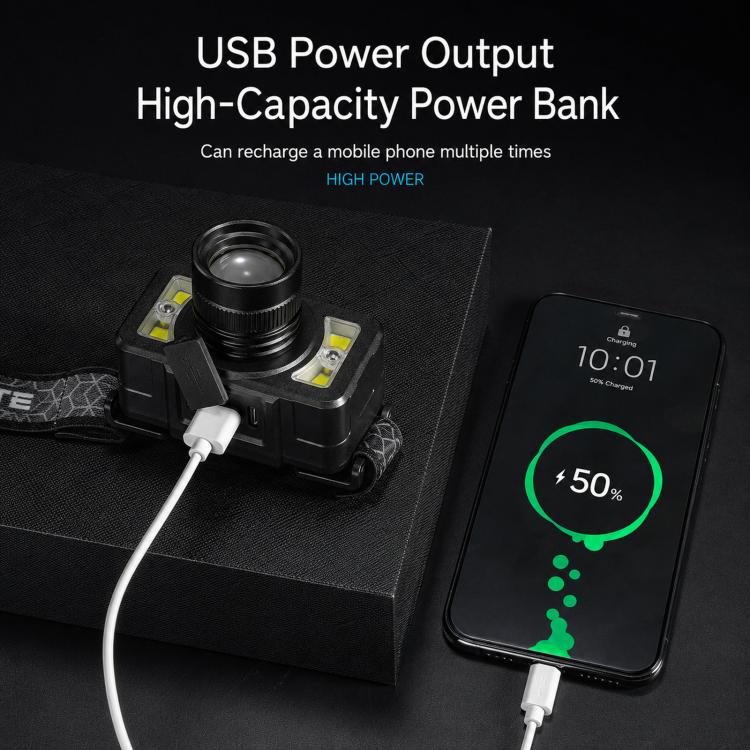 Black LED headlamp with USB charging cable and power bank style output