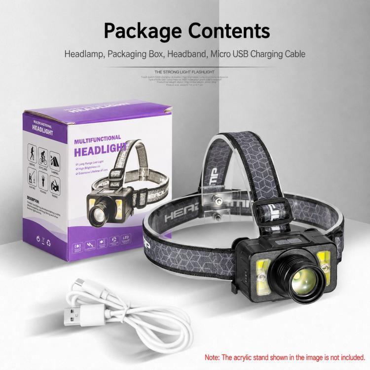 LED headlamp kit with black headlamp, packaging box, and white charging cable