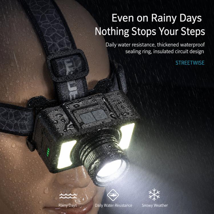 Black LED headlamp worn on head, front beam shining with side LEDs on