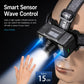 Black LED headlamp worn on head with front beam and infrared sensor window