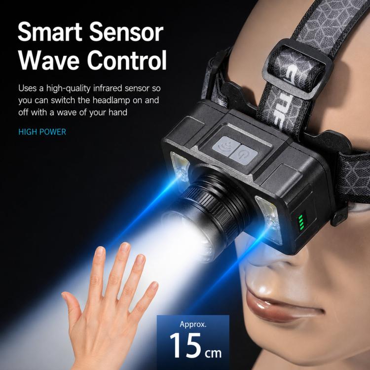 Black LED headlamp worn on head with front beam and infrared sensor window