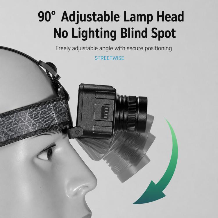 Adjustable black LED headlamp with zoomable head mounted on an elastic strap