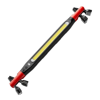 Red and black LED foldable inspection light with two clip-mounted feet