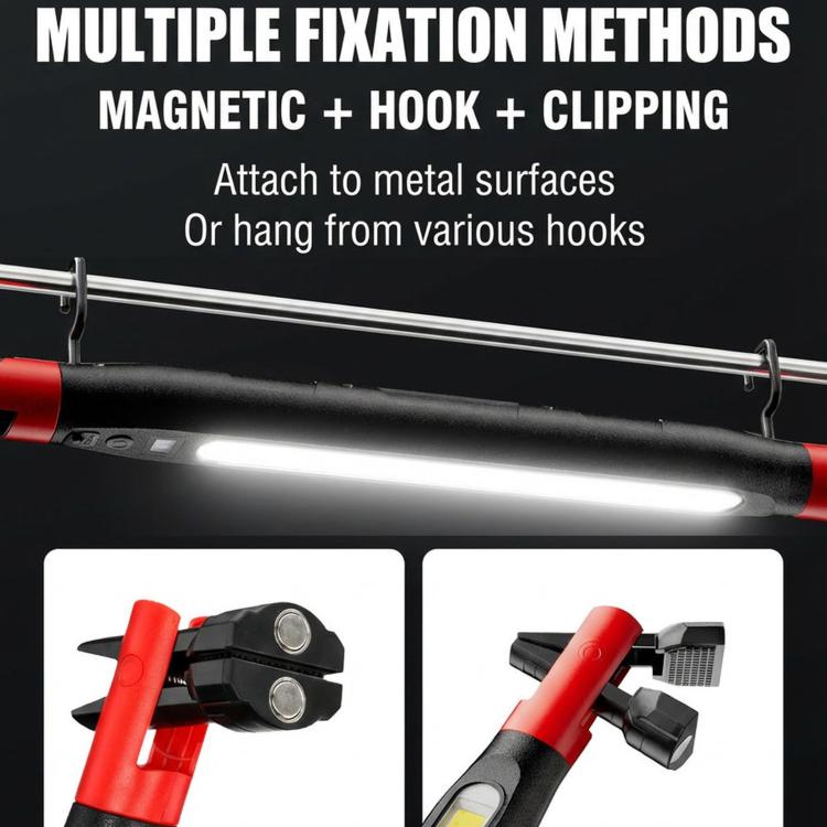 Red LED inspection light with magnetic, hook, and clip attachment points