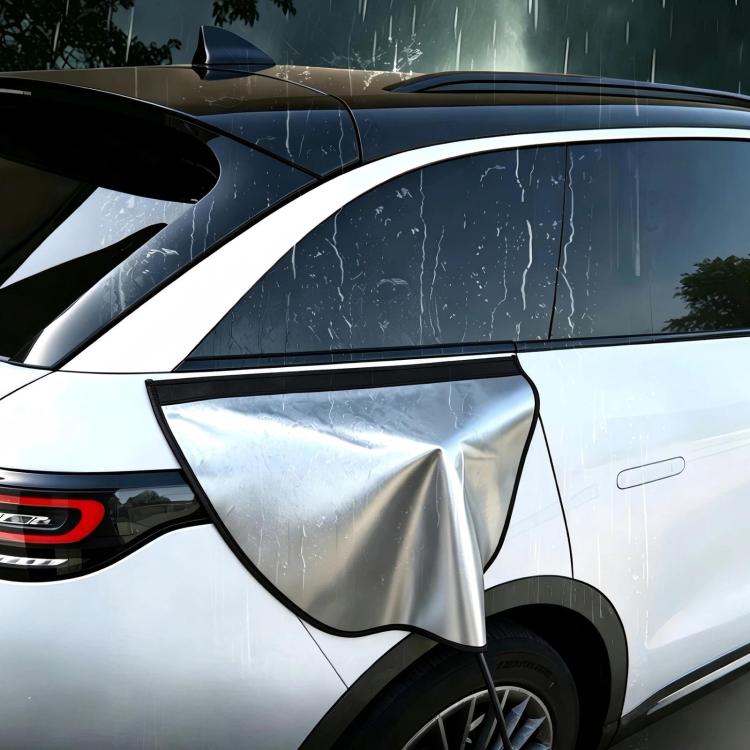 Silver EV charging port cover with black flap to block rain and dust