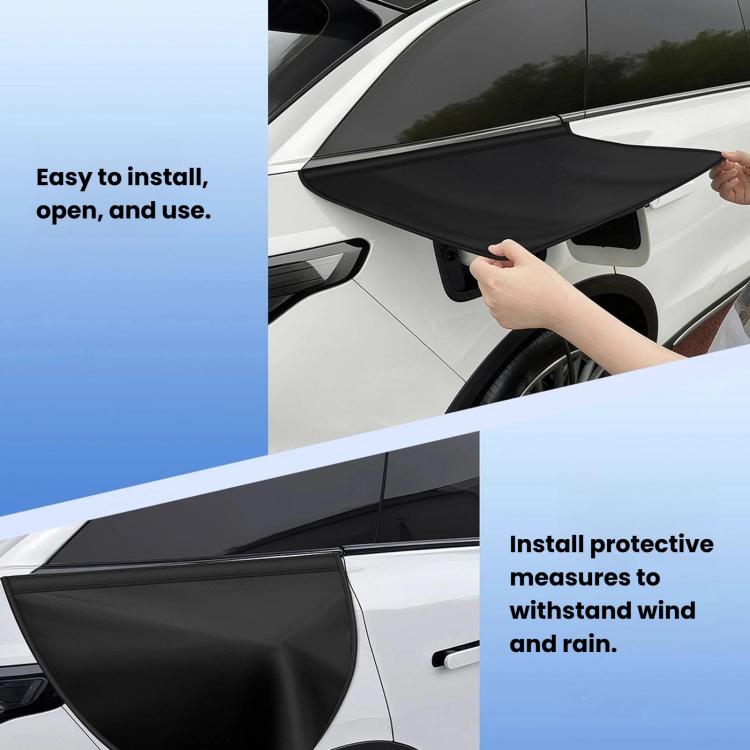 Black charging port cover being installed; hand lifting flap for use