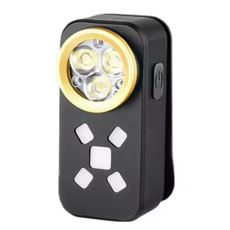 Black clip-on LED work light with four-point pattern and round headlamp bezel