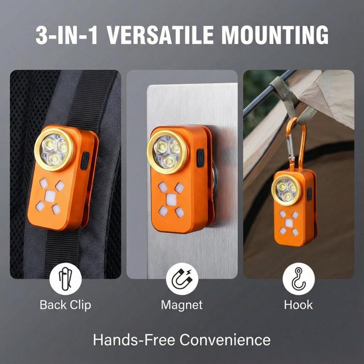 Orange LED clip-on light shown with back clip, magnet, and hook mounting icons