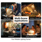 Orange emergency LED light with hanging hook shown in auto repair and camping scenes