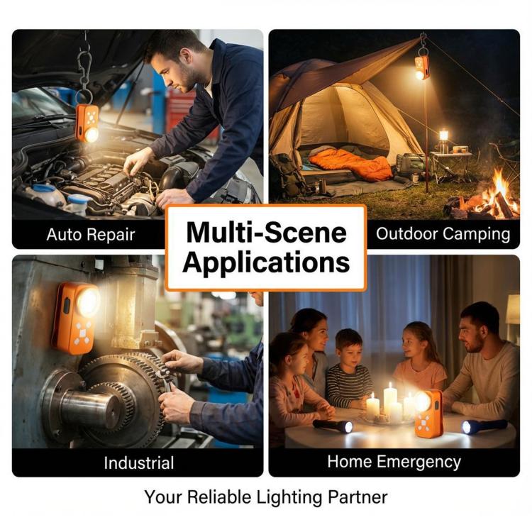 Orange emergency LED light with hanging hook shown in auto repair and camping scenes