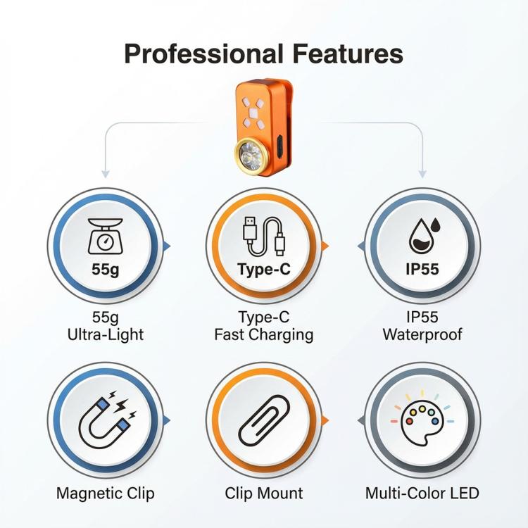 Orange clip-on emergency light with compact LED lamp and side charging ports