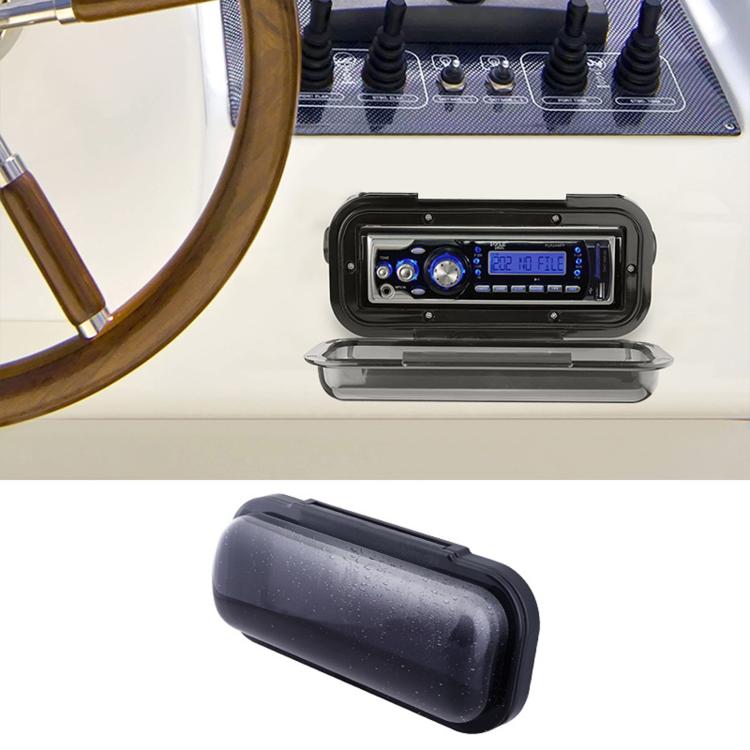 Black flip-up waterproof cover for marine audio receiver dashboard