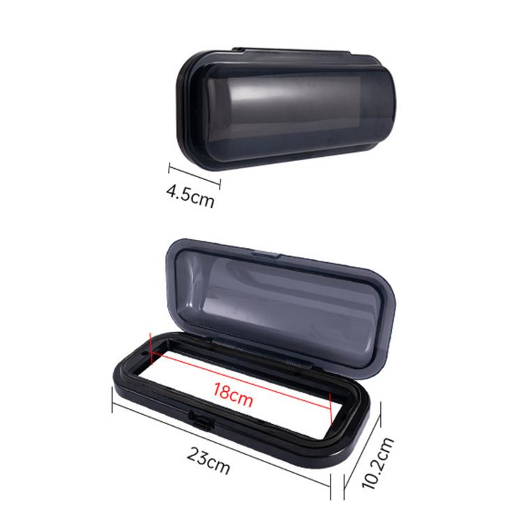 Waterproof marine audio cover with dimensions; compact hinged housing and clear window