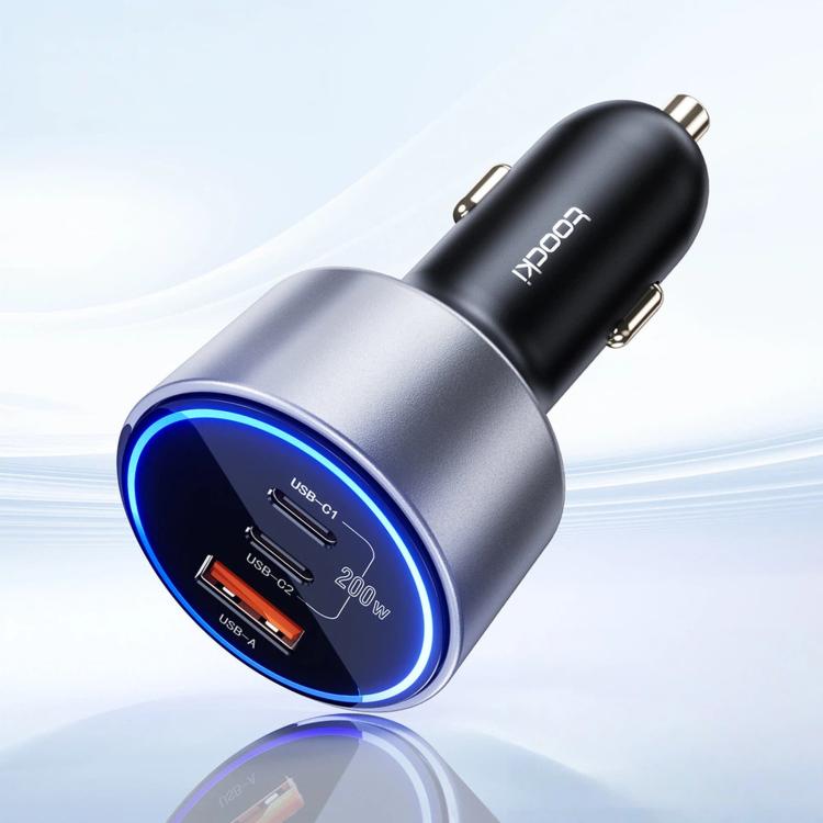 Toocki car charger adapter with blue LED ring, USB-C1/USB-C2 and USB-A ports, black/gray