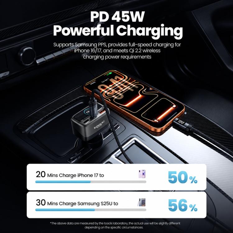 Black car charger supporting PD 45W with multi-port USB charging