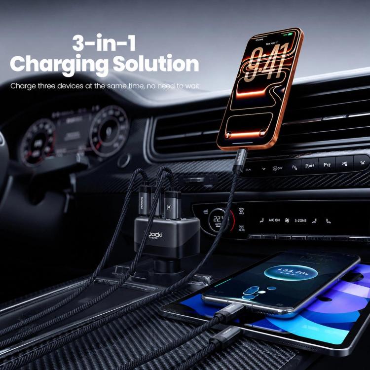 Black 3-in-1 car charger with LCD screen and three connected charging ports