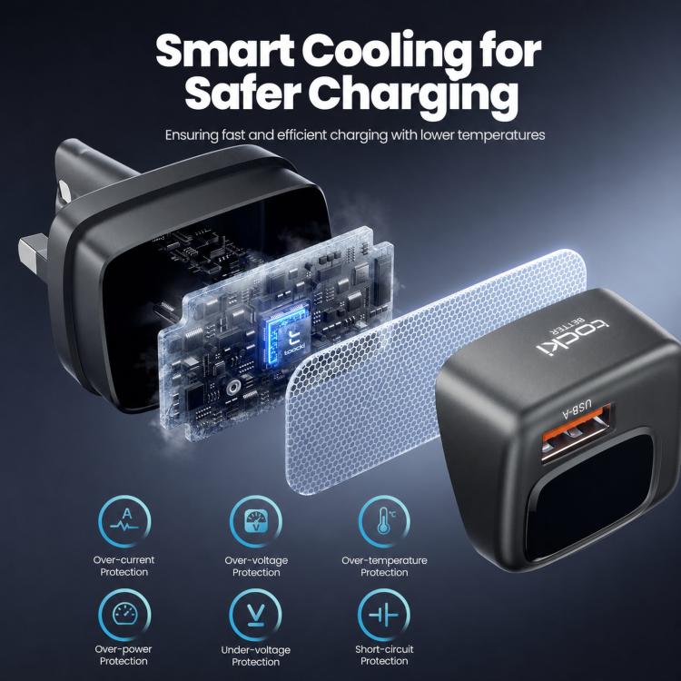 Black 3-port car charger with smart cooling and protection circuitry inside